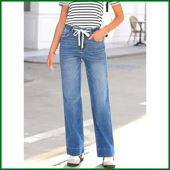 High Waisted Wide Leg Jeans Stretchy Straight Leg Baggy Drawstring Denim Pants - Picture 5 of 7